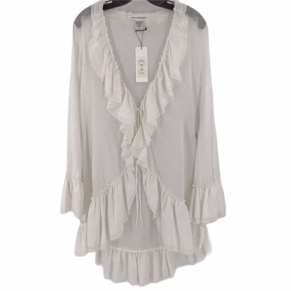 DVF Sita white boho top NWT open front shear sz 12 - Picture 2 of 9